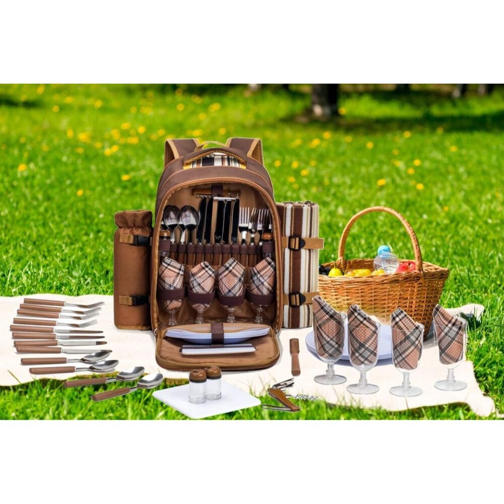 Picnic Backpack Bag for 4 Person with Cooler Compartment,Wine Bag, Picnic Blanke - Picture 8 of 9
